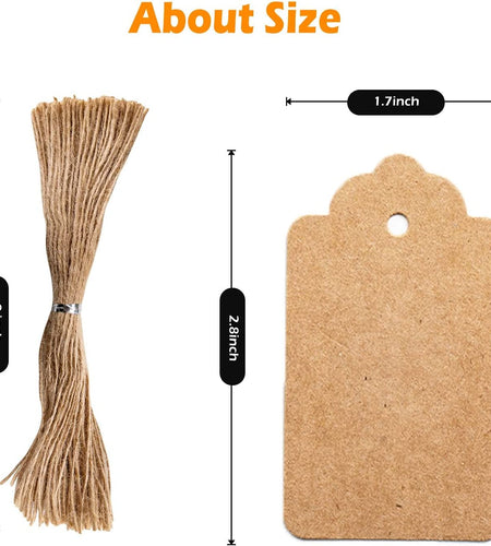 100Pcs Premium Gift Tags, Double-Sided Available Kraft Paper Price Tags with 100 Root Natural Jute Twine, Craft Tags Labels Treats Tags for Wedding Christmas Day Thanksgiving