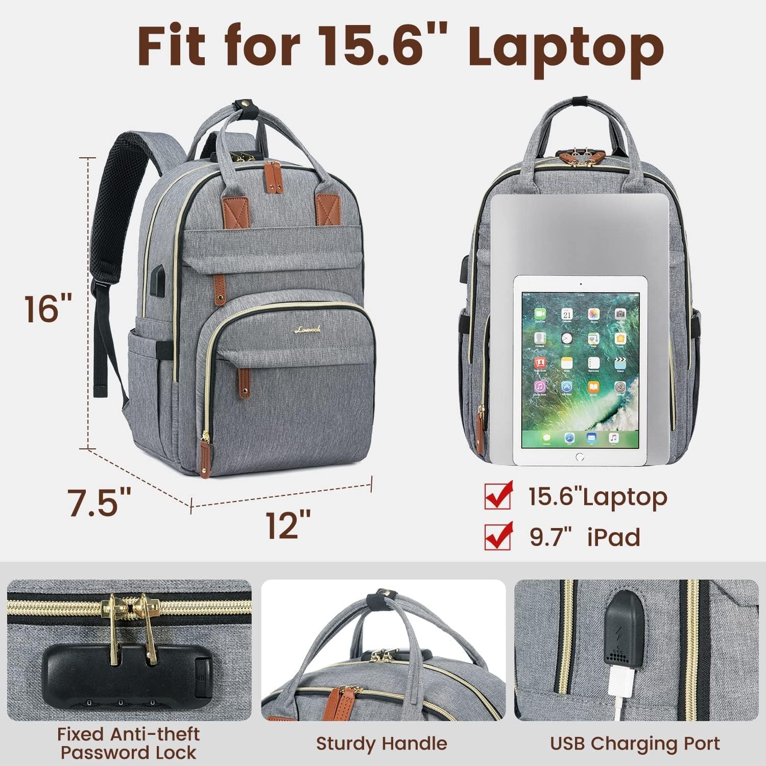 Laptop Backpack for Women & Men, Unisex Travel Anti-Theft Work College Bag, Business Computer Backpacks Purse, Casual Hiking Daypack with Lock, Fits 15.6 Inch Laptop, Dark Blue