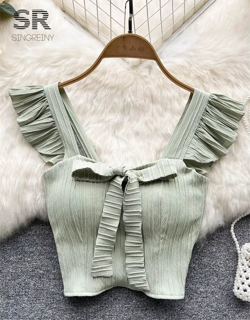 Load image into Gallery viewer, SINGREINY Summer Solid Ruffled Camis Women Square Neck Sleeveless Bow Elastic Waist Strap Top Ladies Sweet Korea Short Tank Top
