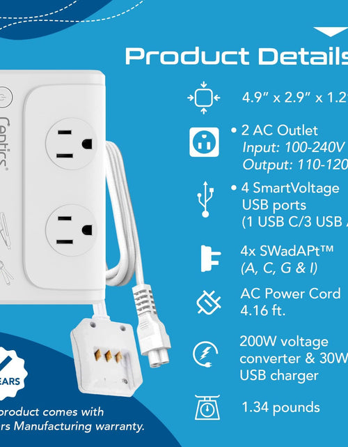 Load image into Gallery viewer, 200 W Voltage Converter, Convert 220 V to 110V for Devices like Curling Iron, Straightener, Chargers, Step down World Power Plug - 4 USB Charging Fast QC 3.0 - EU/AU/UK/US Included
