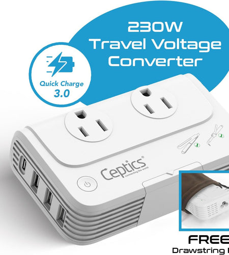 200 W Voltage Converter, Convert 220 V to 110V for Devices like Curling Iron, Straightener, Chargers, Step down World Power Plug - 4 USB Charging Fast QC 3.0 - EU/AU/UK/US Included