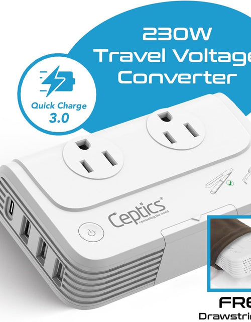 Load image into Gallery viewer, 200 W Voltage Converter, Convert 220 V to 110V for Devices like Curling Iron, Straightener, Chargers, Step down World Power Plug - 4 USB Charging Fast QC 3.0 - EU/AU/UK/US Included

