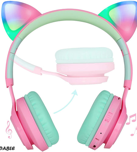 CT-7 Cat Ear Bluetooth Headphones, LED Light up Bluetooth Wireless over Ear Headphones with Microphone and Volume Control for Iphone/Ipad/Smartphones/Laptop/Pc/Tv