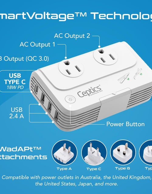 Load image into Gallery viewer, 200 W Voltage Converter, Convert 220 V to 110V for Devices like Curling Iron, Straightener, Chargers, Step down World Power Plug - 4 USB Charging Fast QC 3.0 - EU/AU/UK/US Included

