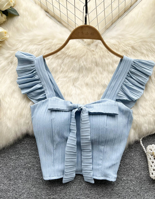 Load image into Gallery viewer, SINGREINY Summer Solid Ruffled Camis Women Square Neck Sleeveless Bow Elastic Waist Strap Top Ladies Sweet Korea Short Tank Top
