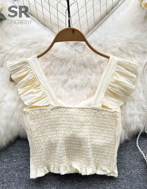 Load image into Gallery viewer, SINGREINY Summer Solid Ruffled Camis Women Square Neck Sleeveless Bow Elastic Waist Strap Top Ladies Sweet Korea Short Tank Top
