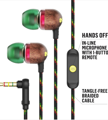 Smile Jamaica Wired: Wired Earphones with Microphone, Noise Isolating Design, and Sustainable Materials (Rasta)