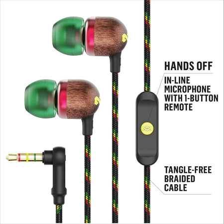 Smile Jamaica Wired: Wired Earphones with Microphone, Noise Isolating Design, and Sustainable Materials (Rasta)
