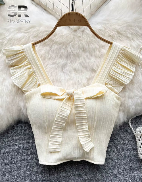 Load image into Gallery viewer, SINGREINY Summer Solid Ruffled Camis Women Square Neck Sleeveless Bow Elastic Waist Strap Top Ladies Sweet Korea Short Tank Top
