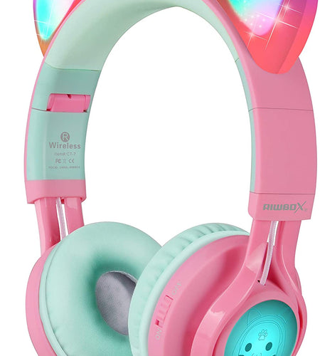 CT-7 Cat Ear Bluetooth Headphones, LED Light up Bluetooth Wireless over Ear Headphones with Microphone and Volume Control for Iphone/Ipad/Smartphones/Laptop/Pc/Tv