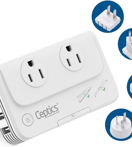 200 W Voltage Converter, Convert 220 V to 110V for Devices like Curling Iron, Straightener, Chargers, Step down World Power Plug - 4 USB Charging Fast QC 3.0 - EU/AU/UK/US Included