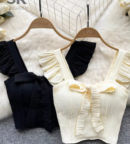 SINGREINY Summer Solid Ruffled Camis Women Square Neck Sleeveless Bow Elastic Waist Strap Top Ladies Sweet Korea Short Tank Top